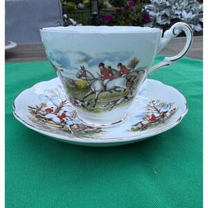 Regency English Bone China Tea Cup Saucer Set Vintage Fox Hunt Equestrian Scene